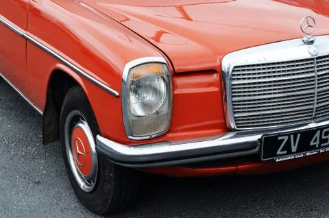 Front Right Side of a Red Classic Mercedes W115 Stock Photos