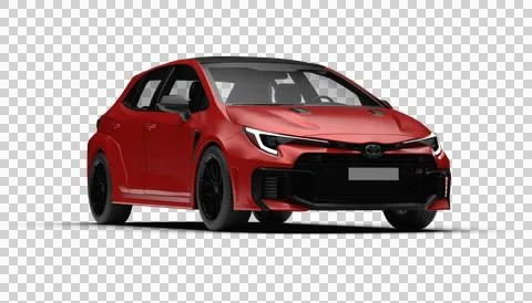 Front right side view of red Toyota Corolla GR 2025 model isolated on trans.. Illustrazione stock