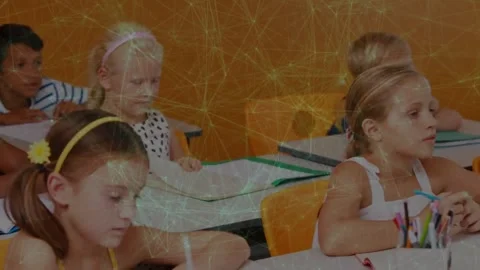 Front-right student finishing writing looking up smiling to answer classroom Stock Footage 317206584