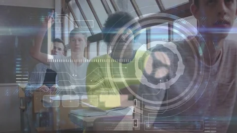 Front-right student tapping tablet and initiating HUD alignment, classmates Stock Footage 331227310