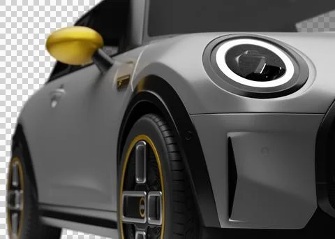 Front right wheel and headlight close-up of Mini Cooper SE Electric 2025 on.. Stock Illustration