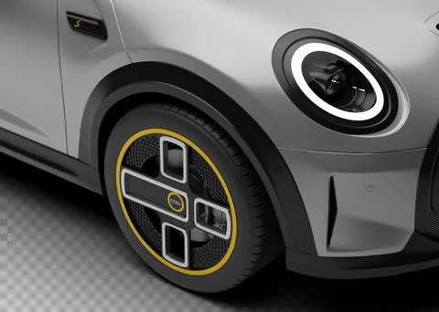 Front right wheel and headlight close-up of Mini Cooper SE Electric 2025 on.. Stock Illustration