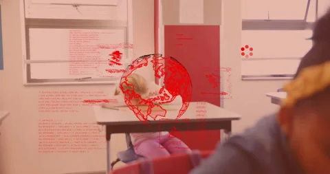 Front-row, back-row students alternating writing while initiating red malware Stock Footage 314868065