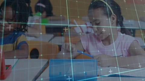 Front-row children opening pencil boxes, writing workbook for classroom task, Stock Footage 331227338
