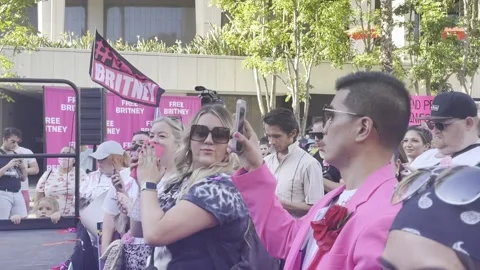Front row of crowd in front of Stanely Mosk Courthouse Stage #freebritney Stock Footage 185653974