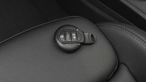 Front seat in car interior with keys close up  2019 Mini Countryman Cooper S Stock Footage 160013748