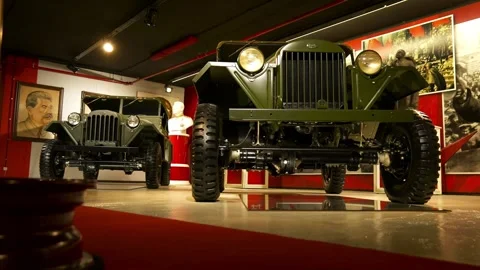 Front Shot of Two Military Green GAZ 67B Jeeps at Retro Museum Varna Stock Footage 320896366