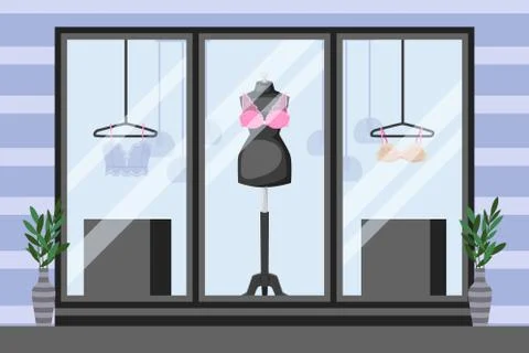 Front showcase underwear storefront, vector illustration. Mannequin with lace Stock Illustration