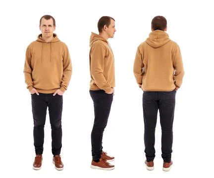Front, side and back view of handsome man in beige hoodie isolated on white Stock Photos