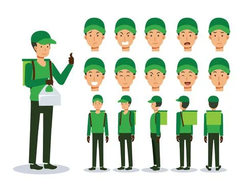 Front, side, back view animated character. Food delivery service man Flat Vec Stock Illustration