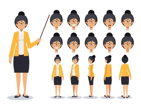 Front, side, back view animated character.Female Teacher Flat Vector Characte Stock Illustration