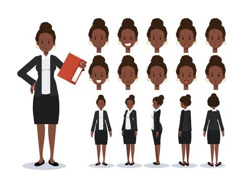 Front, side, back view animated character. African American Businesswoman Fla Stock Illustration
