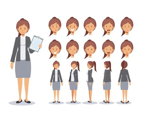 Front, side, back view animated character. Business woman Flat Vector Charact Stock Illustration