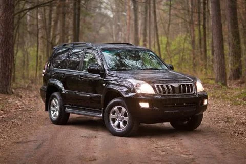 Front side of the black SUV in forest Stock Photos