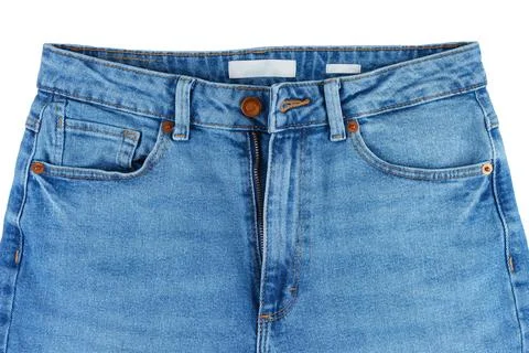 Front side of blue jeans pants. Design details, metal button, waistband, po.. Stock Photos