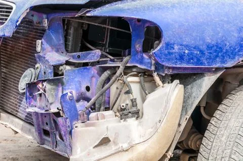 Front side of broken and damaged car in crash accident in collision Stock Photos