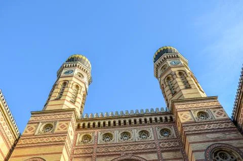 Front side facade of the Great Synagogue in Hungarian Budapest. Dohany Street Stock Photos