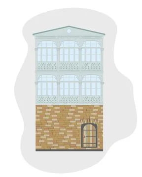 Front side of old house, balcony in oriental style. Illustrazione stock
