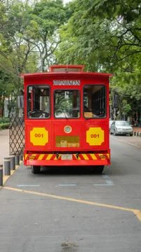 Front Side of a Red and Yellow Tram Under the Trees from Coyoacan Stock Photos