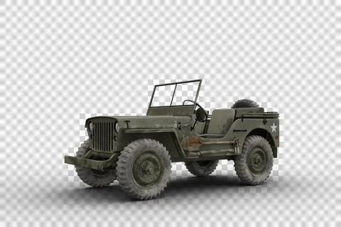 Front side view 3D illustration of a vintage green military jeep isolated on  Stock Illustration