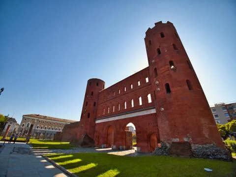 Front-side view of the palatine gate of Turin in a sunny morning Horizontal Stock Photos