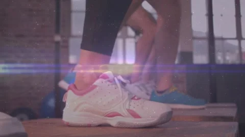 Front sneakers on step starting planted pose group doing step-ups and lunges, Stock Footage 323455413
