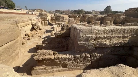 In front of the Sphinx and the Great Pyramids of Giza are these ruins Stock Footage 300134295