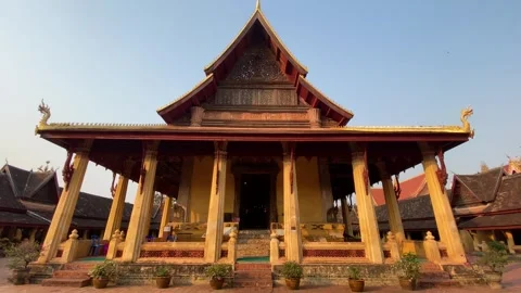 Front static shot of Wat Si Saket temple in Vientiane, Laos 4K Stock Footage 273468994