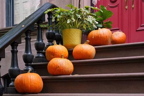 Front steps of house with pumpkins as Halloween or Thanksgiving decorations Stock Photos