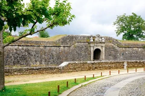 In front of a stone wall, there is a gate and a tree, surrounded by nature Stock Photos
