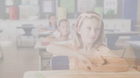 Front student raising hand after glitch clearing, animated icon marking notebook Stock Footage 333837335