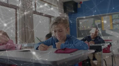 Front student writing in book, camera zooming and web overlay on desk, boosting 스톡 동영상 333221414