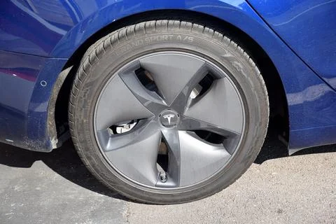 Front tyre of Tesla car Stock Photos