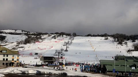 Front valley skiing slopes in Perisher ski resort of Australian Snowy Mountains. Stock Footage 288318053