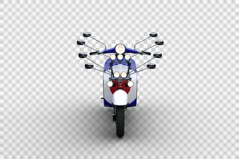 Front view 3D illustration of a white, red and blue motor scooter with multip Stock Illustration
