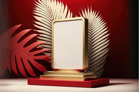 Front view 3D product round short podium on red white gold for business wit.. Stock-Illustration