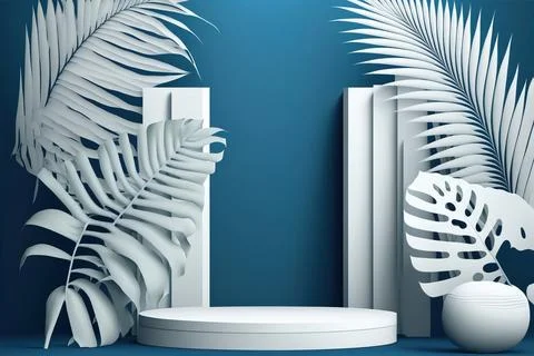 Front view 3D product round short podium on blue white gold for business wi.. Illustrazione stock