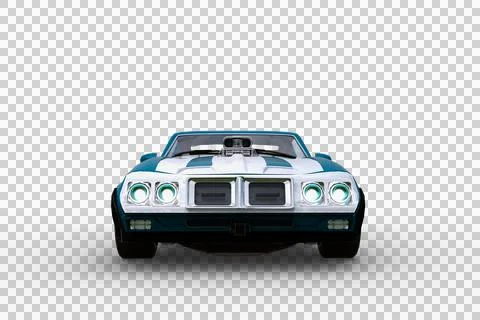 Front view 3D rendering of a blue and white retro American muscle car isolate Stock Illustration