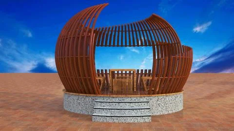 Front View 3D Wooden Spherical Cabana Gazebo Stock Illustration