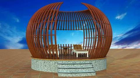 Front View 3D Wooden Spherical Cabana Gazebo Stock Illustration