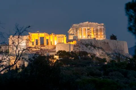 Front view of acropolis at dusk Stock Photos