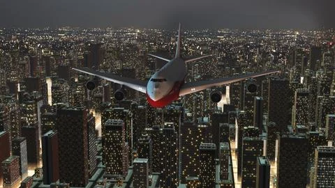 Front view of a Airplane over the Night city Illustration