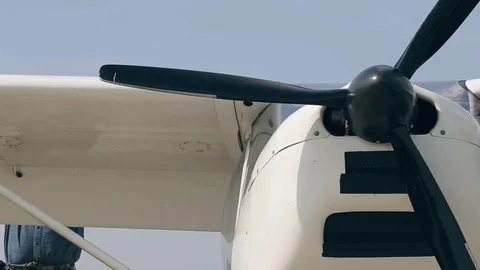Front view of airplane propeller on the airfield Video stock 83384336