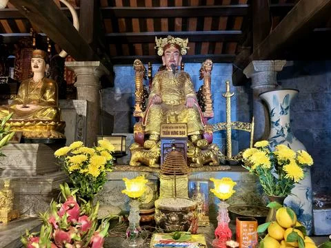 Front view of the altar of General Tran with tablets and ritual objects at Th Stock Photos