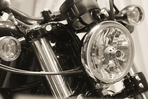 Front view of American heavy vintage motorcycle of a famous brand Stock Photos