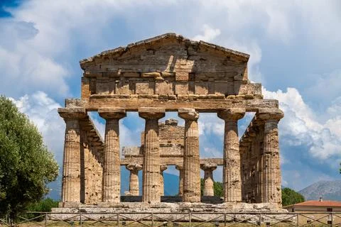 Front view of ancient Doric stone temple ruin Photos