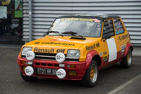 Front view of ancient Renault 5 alpine rally car parked in the street Stock Photos