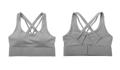 Front view and back view of gray sports bra isolated on white background Stock Photos