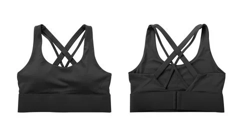 Front view and back view of black sports bra isolated on white background Stock Photos