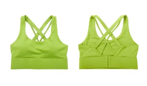 Front view and back view of bright green sports bra isolated on white background Stock Photos